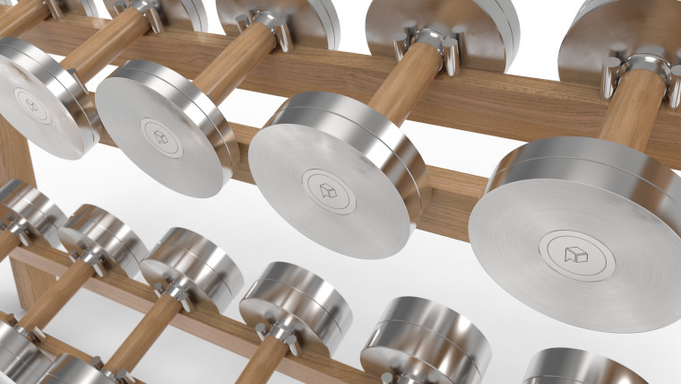 Steel and wood dumbells and rack from Paragon Studio