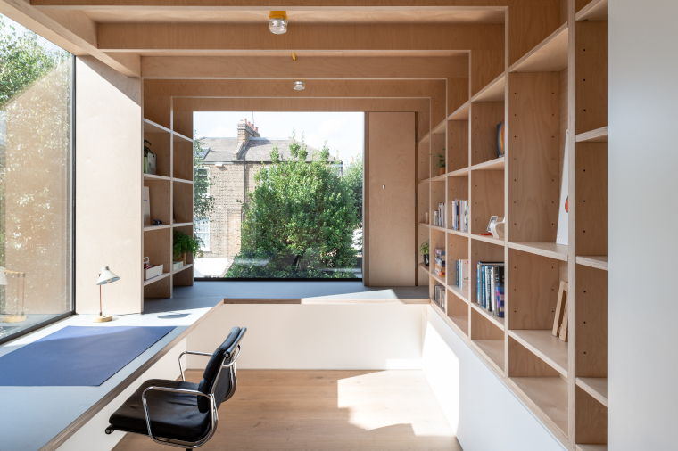 The plywood study at the top of the Passivhaus